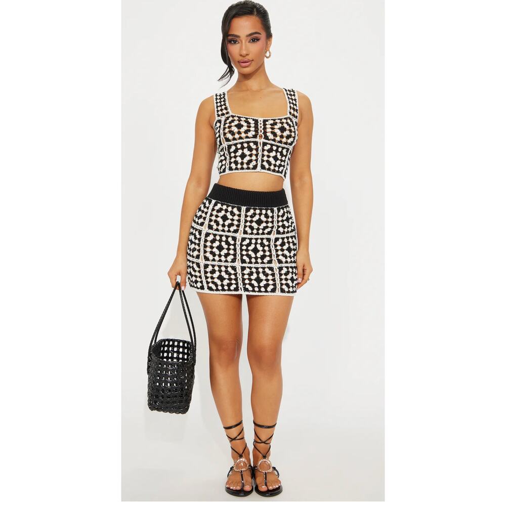 Fashion Nova Black White Crochet Tank Skirt Set Medium NWT